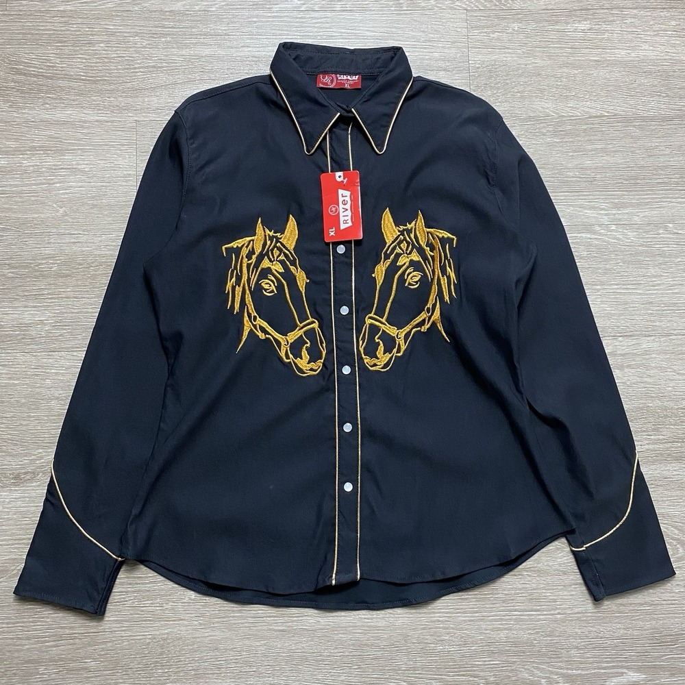 River Pearl Snap Western Shirt Women XL Black Embroider Horse Equestrian Stretch